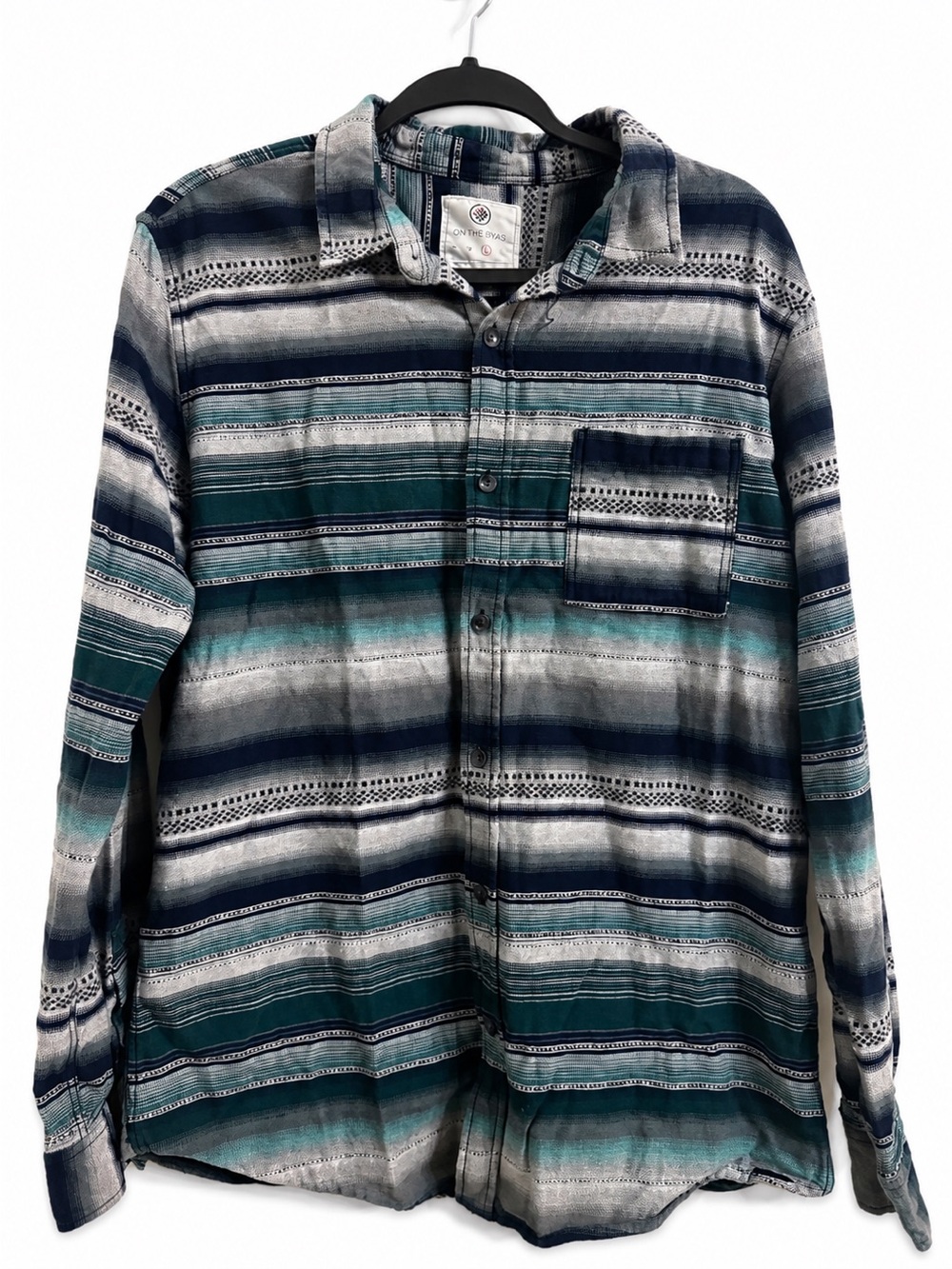 On The Byas Baja Stripe Button Front Shirt Men’s Blue Gray Green 100% Cotton L